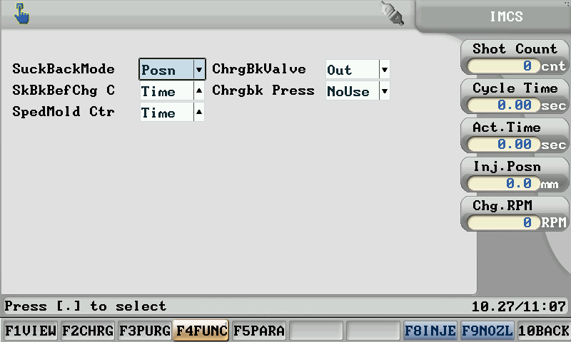 Charge function settings screen of Powerjet plastic injection machine