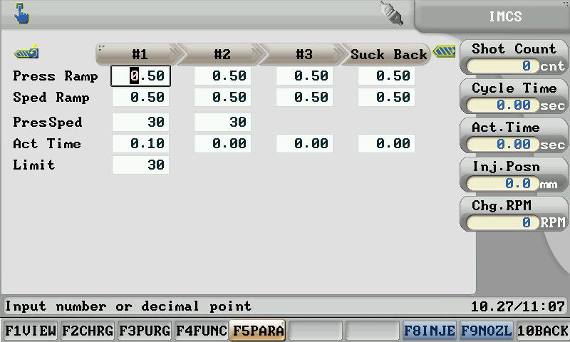 Charging parameters settings screen for Powerjet plastic injection molding machine