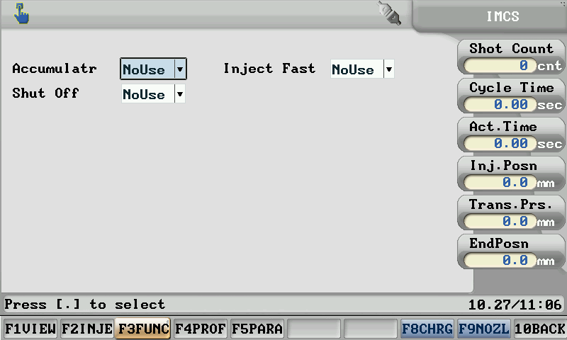 Injection function settings screen of Powerjet Plastic Injection Molding Machines