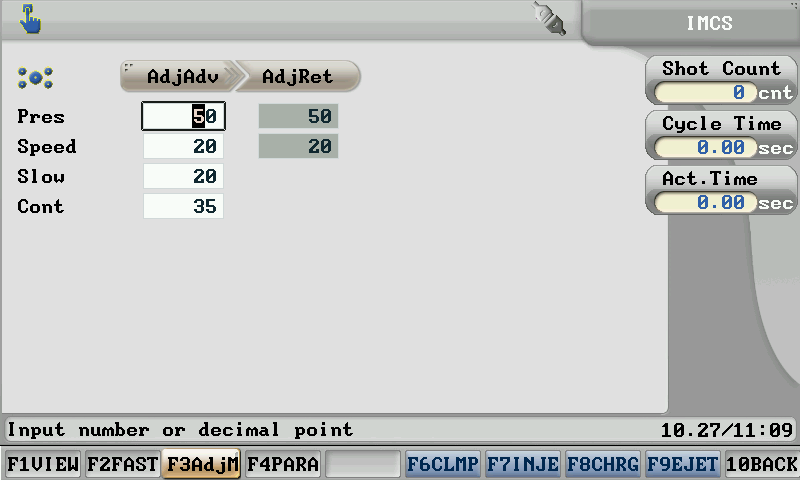 Fast set mold adjustment settings on injection molding machines