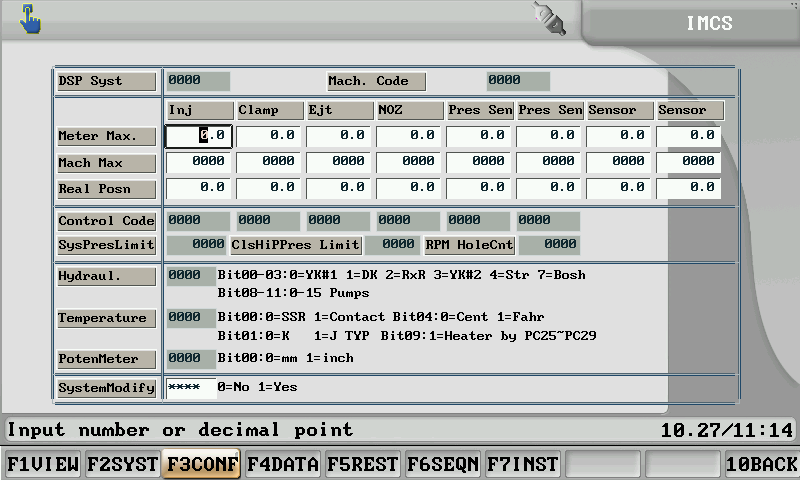 System control screen on injection molding machines